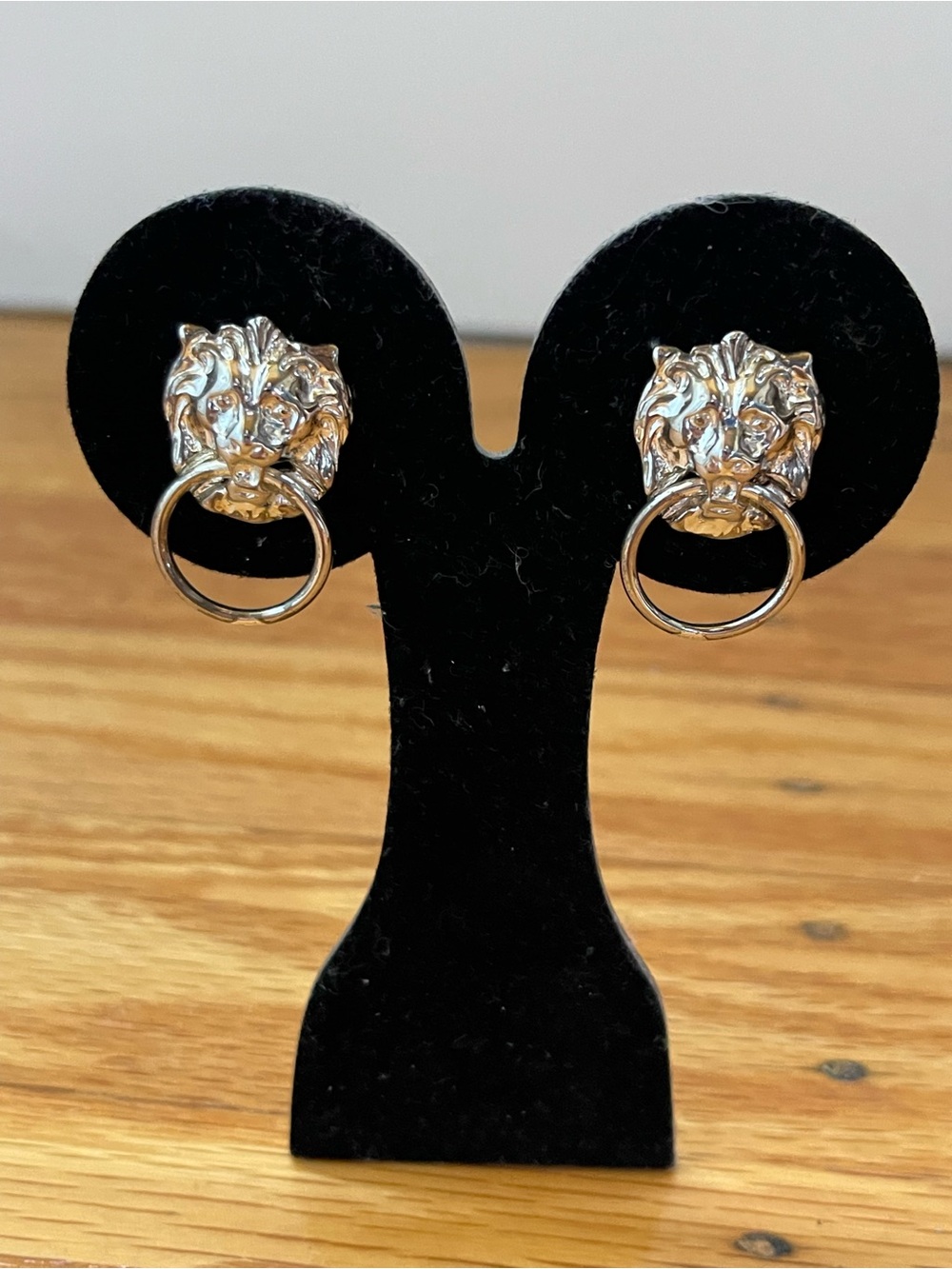 Vintage Anne Klein Silver Lion Head Hoop Stud Earrings